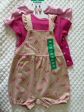 Pekkle Pink Floral Beige Overall Romper Set
